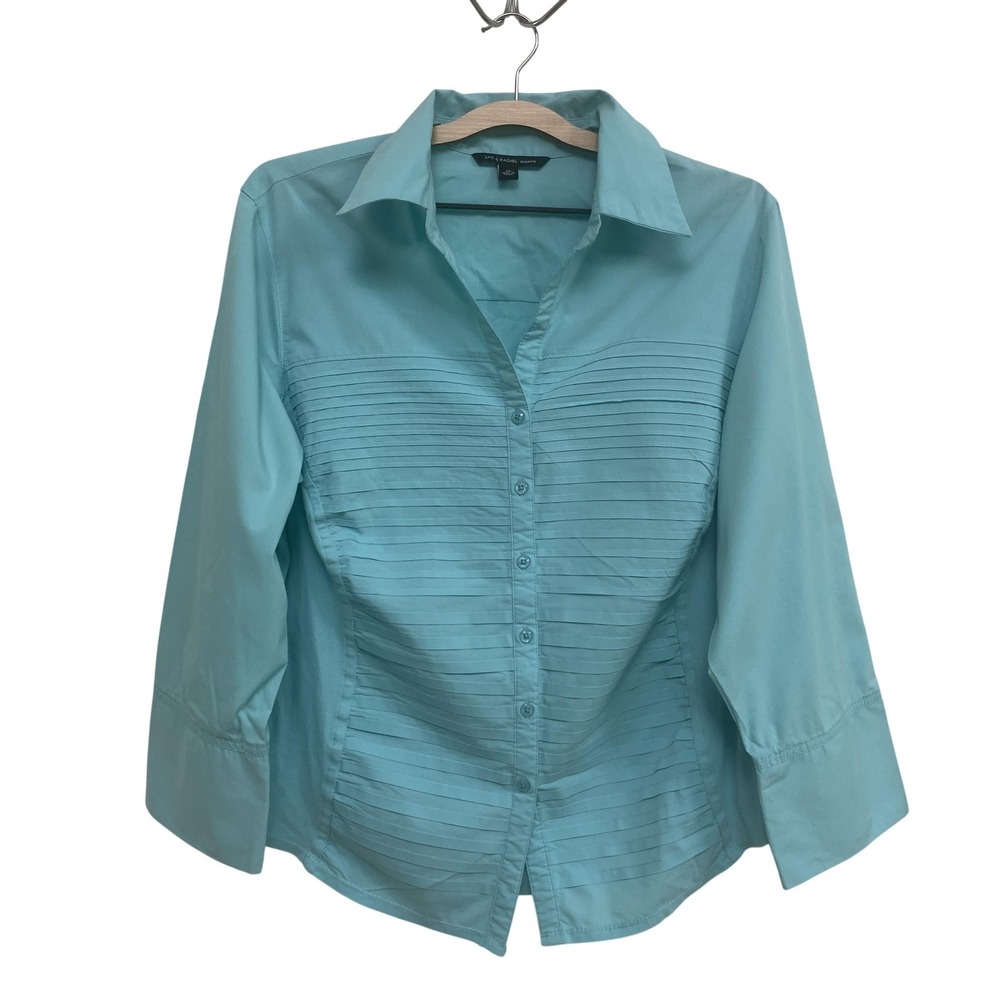 Zac & Rachel Woman Blouse 2X Aqua Pintuck Stretch Button Front Career Shirt